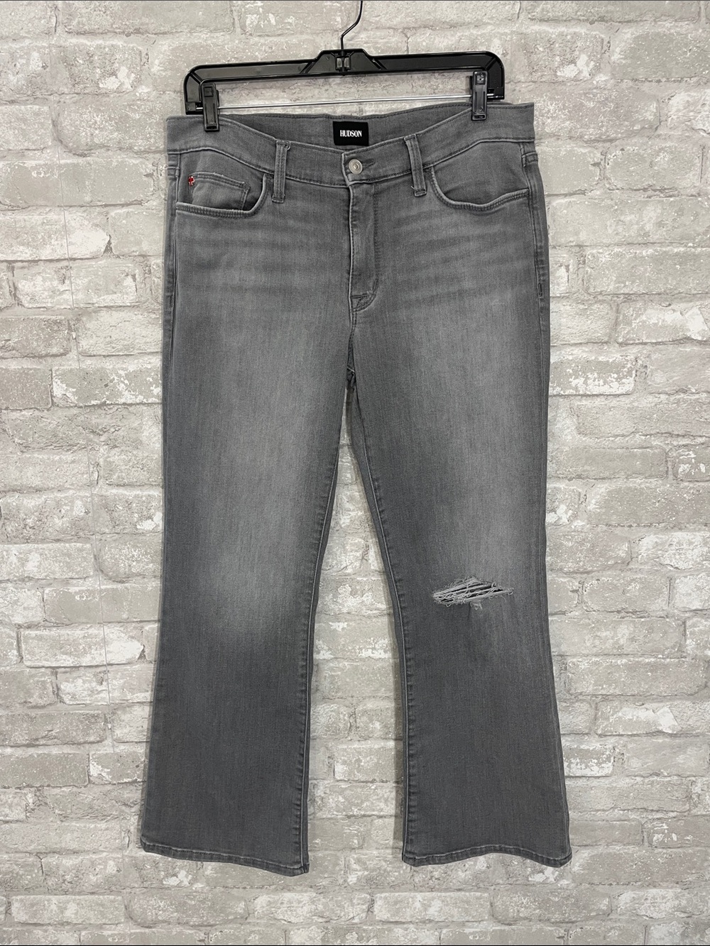 Hudson Natalie Gray Midrise Bootcut Crop Jeans with Knee Distress